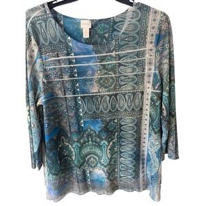 Chicos Blue Paisley Patchwork Mesh Top Rhinestone Embellished Size 3 XL 16 Mens